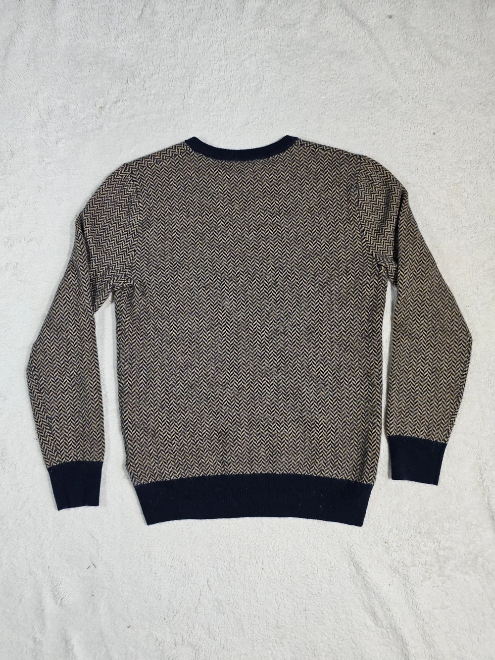 J Crew 100% Cashmere Herringbone Jacquard Crewneck Sweater in Tan & Blue Size S.